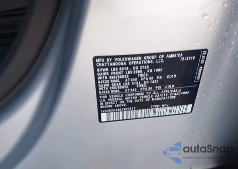 2019 Volkswagen Atlas 3.6L V6 Se W/Technology z USA, uszkodzony, nr VIN 1V2UR2CA9KC527512